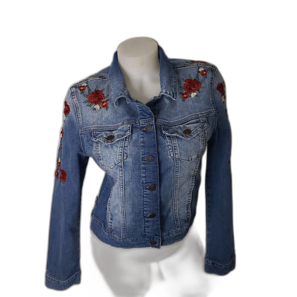 MAVI Jeans Co. Denim Jean Jacket with Rose Embroidery Juniors Size Large